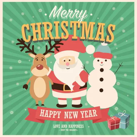 Merry Christmas card with Santa Claus, snowman and reindeer with gift boxes, vector illustration  Illustration