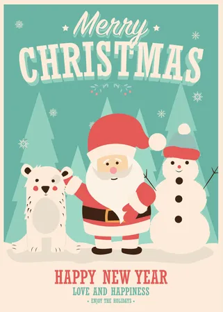 Merry Christmas card with Santa Claus, snowman and reindeer, winter landscape, vector illustration Illustration