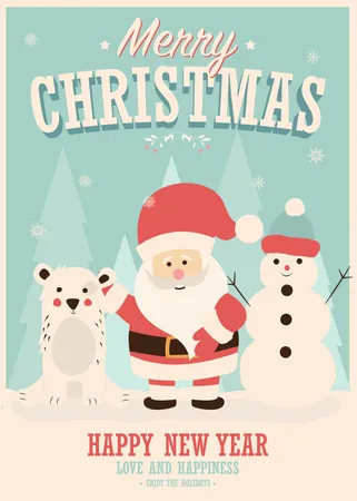Merry Christmas card with Santa Claus, snowman and reindeer, winter landscape, vector illustration Illustration