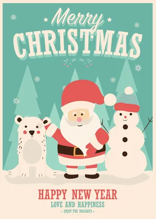 Merry Christmas card with Santa Claus, snowman and reindeer, winter landscape, vector illustration  Illustration