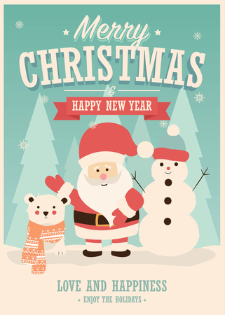 Merry Christmas card with Santa Claus, snowman and reindeer, winter landscape, vector illustration  Illustration