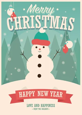 Merry Christmas card with snowman on winter background, vector illustration Illustration