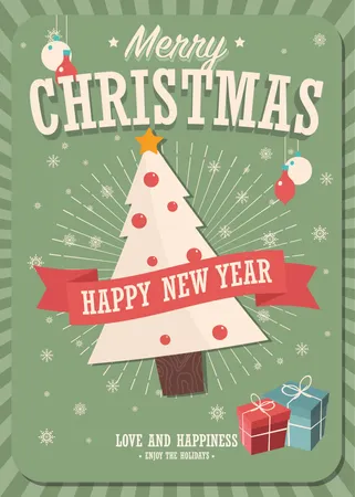 Merry Christmas card with Christmas tree and gift boxes on winter background, vector illustration  Illustration