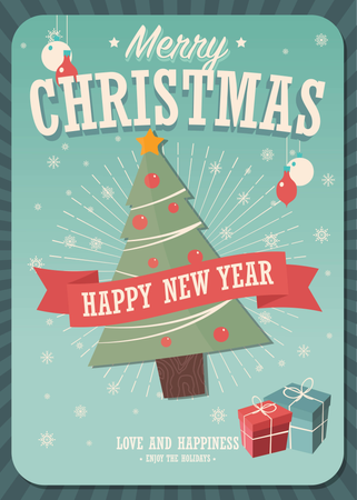 Merry Christmas card with Christmas tree and gift boxes on winter background, vector illustration  Illustration