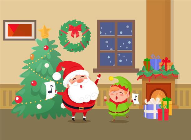 Merry Christmas Celebration of Elf and Santa Claus  イラスト