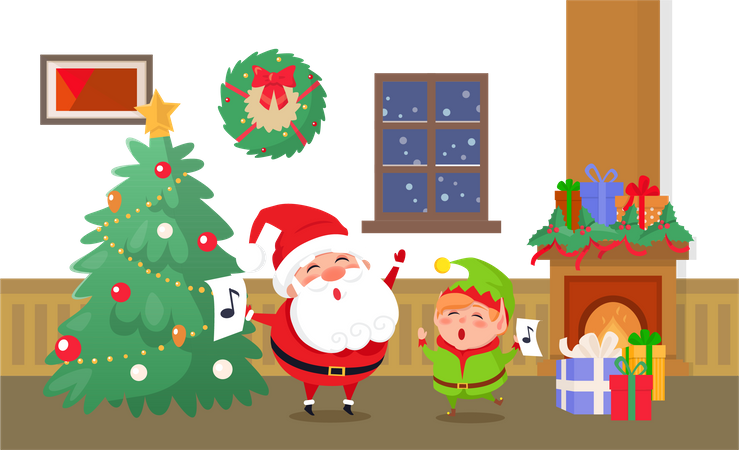 Merry Christmas Celebration of Elf and Santa Claus Illustration