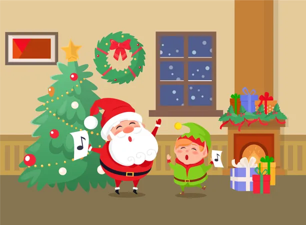 Merry Christmas Celebration of Elf and Santa Claus  Illustration