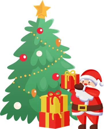 Merry Christmas Celebration Tree With Santa Claus Vector Winter Character Packing Gifts Presents With Wrappings And Bows Ribbons Pine And Male Illustration