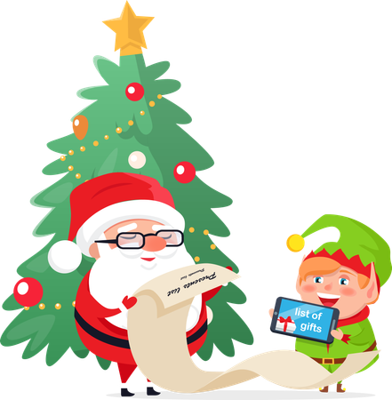 Merry Christmas Elf Helper Santa Claus Checking  일러스트레이션