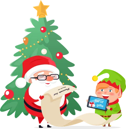 Merry Christmas Elf Helper With Santa Claus Checking List With Presents Vector Pine Evergreen Tree Decorated With Baubles And Star On Top Garlands Illustration