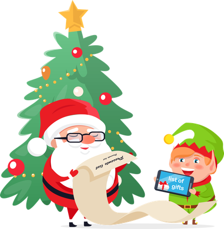 Merry Christmas Elf Helper Santa Claus Checking  Illustration