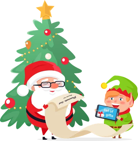 Merry Christmas Elf Helper Santa Claus Checking  Illustration