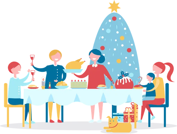 Merry Christmas And Happy New Year Family Having Dinner Together Served Table Decorated Tree And Dog On Floor Isolated On Vector Illustration イラスト