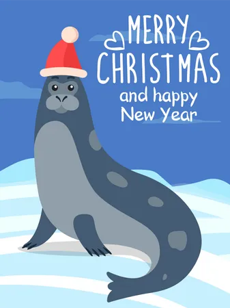 Merry Christmas And Happy New Year Greeting Postcard North Sea Calf Seal Or Sea Lion Lies On Iceberg Or Ground Beautiful Landscape Of Arctic With Wild Animal Vector Illustration In Flat Style Illustration