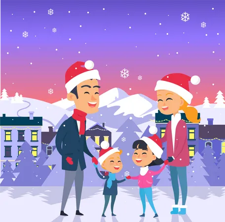 Merry Christmas Cartoon Family Of Four Members In Santa Claus Red Hats In Winter Time Vector Illustration In Flat Style Of Happy People Spending New Year Holidays Outdoors In Decorated City イラスト