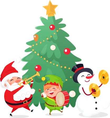 Merry Christmas Winter Holiday Celebration Characters Singing And Having Fun Vector Santa Claus And Snowman Elf Helper With Drums Caroling Songs Illustration