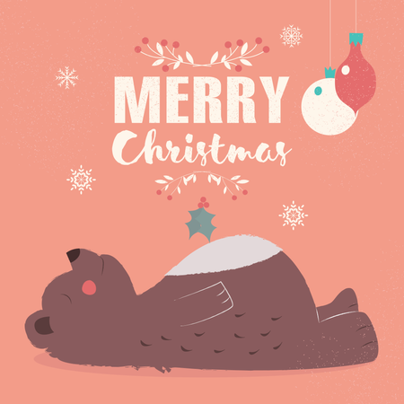 Merry Christmas lettering postcard with cute brown bear laying down  Illustration