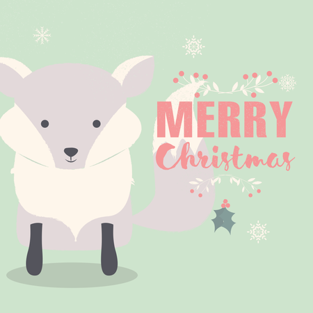 Merry Christmas lettering postcard with cute polar baby fox  Illustration