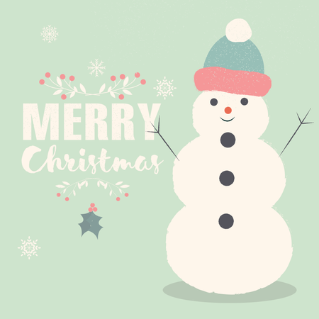 Merry Christmas lettering postcard with smiling Snowman  Illustration