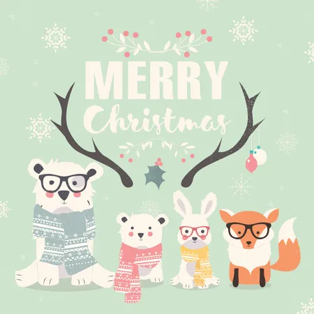 Merry Christmas lettering with hipster polar bears, fox and rabbit  Illustration