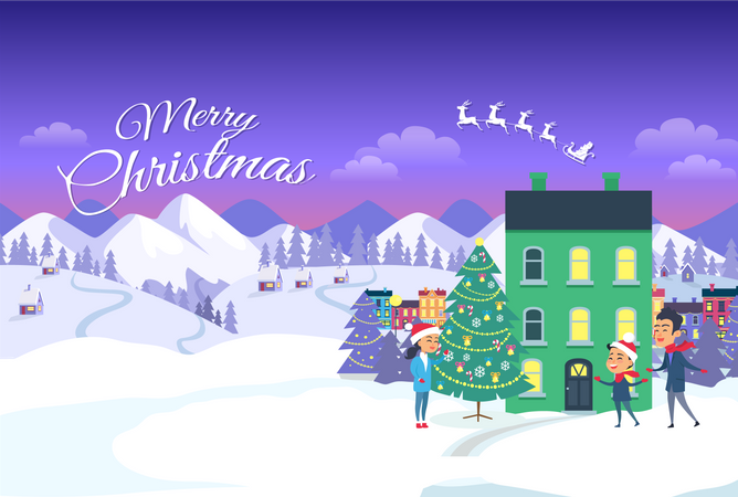 Merry Christmas on City and Blue Sky  Illustration