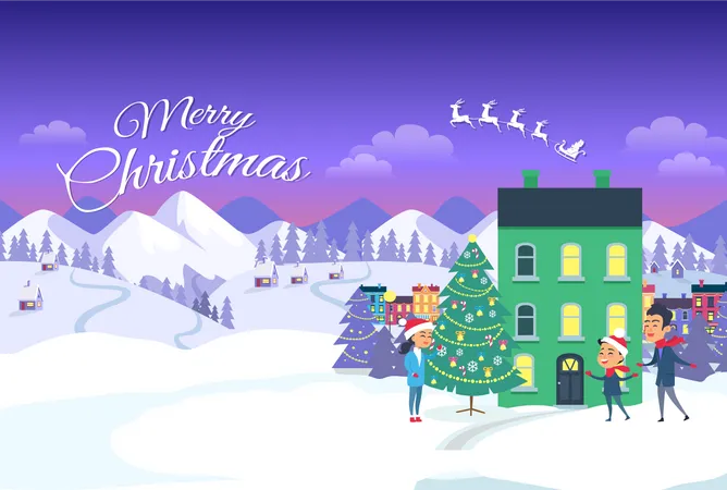 Vector Illustration Of Green Three Storey House With Lights And People Waiting For Miracle Merry Christmas On City And Blue Sky Background Happy Family Is Outside Near Decorated Christmas Tree 일러스트레이션