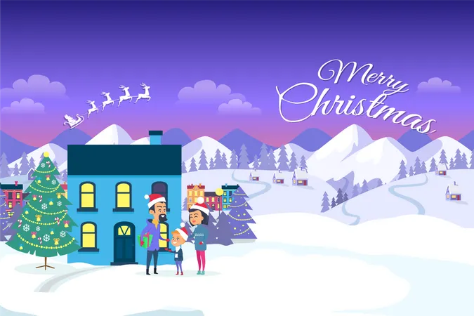 Merry Christmas Web Banner Of City And Blue Sky Background Vector Illustration Of Happy Family Outside Cottage House Near Decorated Christmas Tree Flying White Santa In Sleigh Harnessed By Reindeers Illustration