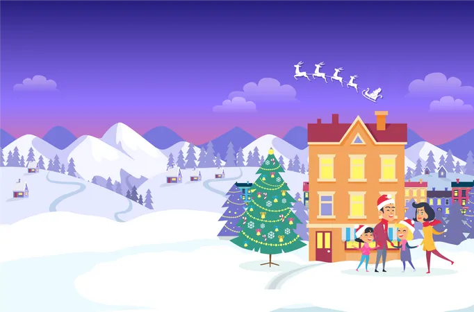 Merry Christmas on City and Blue Sky  Illustration