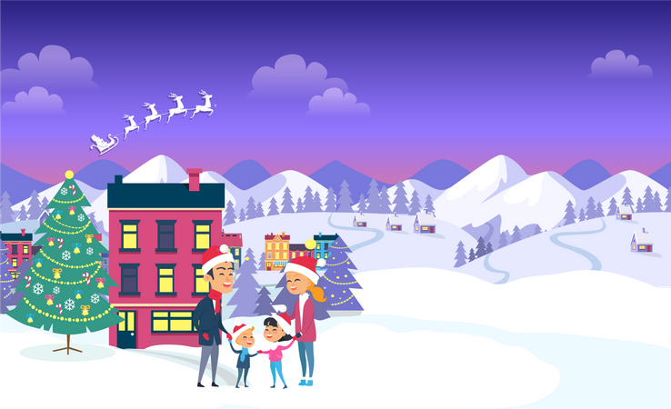 Merry Christmas on City and Blue Sky  Illustration