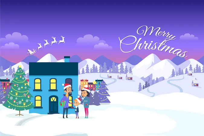 Merry Christmas on City and Blue Sky  Illustration