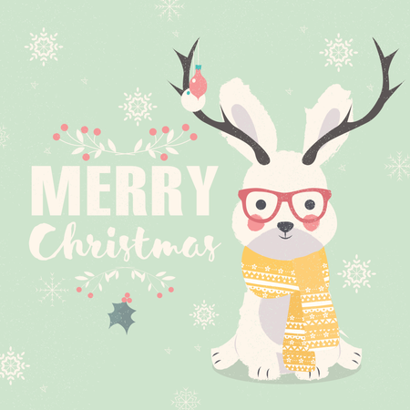 Merry Christmas postcard, hipster polar rabbit wearing glasses and antlers  Illustration