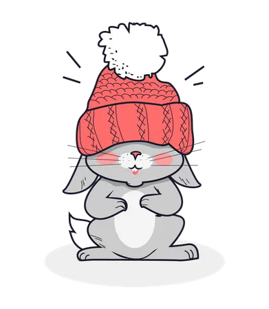 Merry Christmas Postcard Warm Wishes Little Gray Smiling Bunny Dressed In Knitted Red Winter Hat And Scarf On Forehead Calligraphic Lettering Vector Illustration