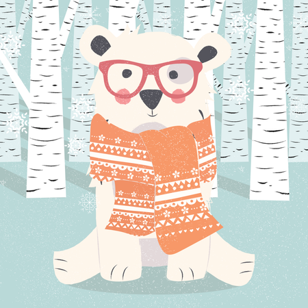 Merry Christmas postcard with hipster polar white bear in forest  Illustration
