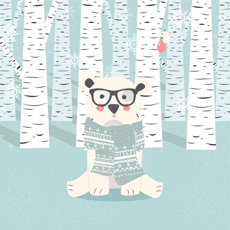 Merry Christmas postcard with hipster polar white bear in forest  Illustration