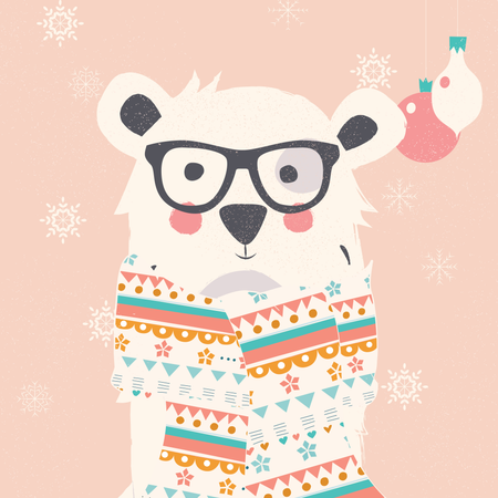 Merry Christmas postcard with hipster polar white bear wearing scarf Illustration