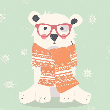 Merry Christmas postcard with hipster polar white bear wearing scarf  Illustration