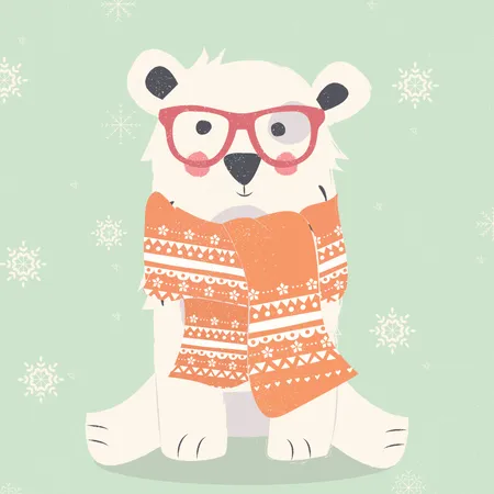 Merry Christmas postcard with hipster polar white bear wearing scarf  Illustration