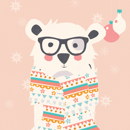 Merry Christmas postcard with hipster polar white bear wearing scarf  Illustration