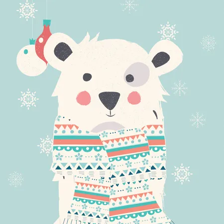 Merry Christmas postcard with polar white bear wearing scarf  Illustration