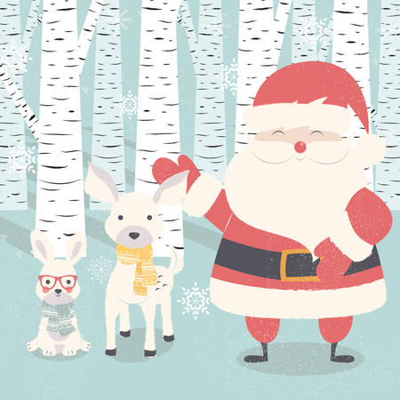 Merry Christmas postcard with Santa Claus, deer, rabbit in forest  Illustration