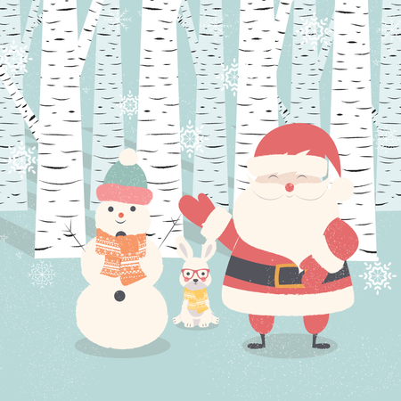 Merry Christmas postcard with Santa Claus, snowman, rabbit in forest  Illustration