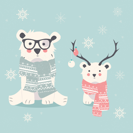 Merry Christmas postcard with two polar bears, hipster and cub  Illustration