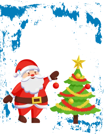 Merry Christmas Poster With Santa Claus Greetings New Year Tree Decoration With Balls Tinsel And Star Best Wishes Father Frost Greeting Card On Blue 일러스트레이션