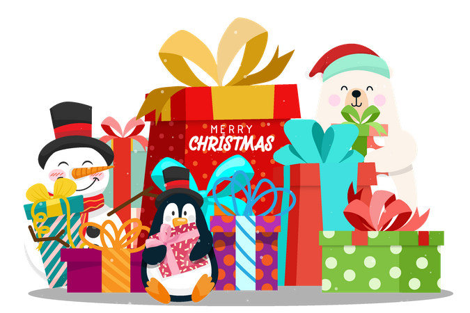 Merry christmas present box with snowman and animal Illustration