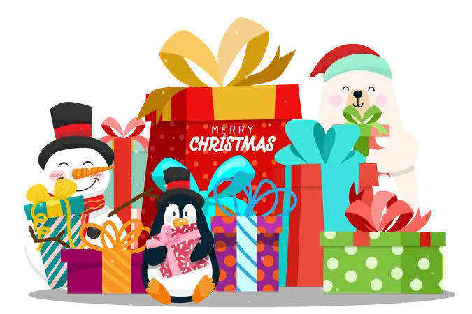 Merry christmas present box with snowman and animal  Illustration