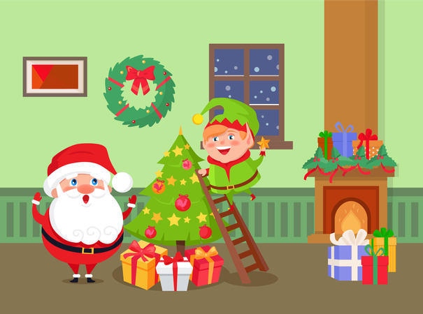 Merry Christmas Santa Claus and Elf at Home Room  イラスト