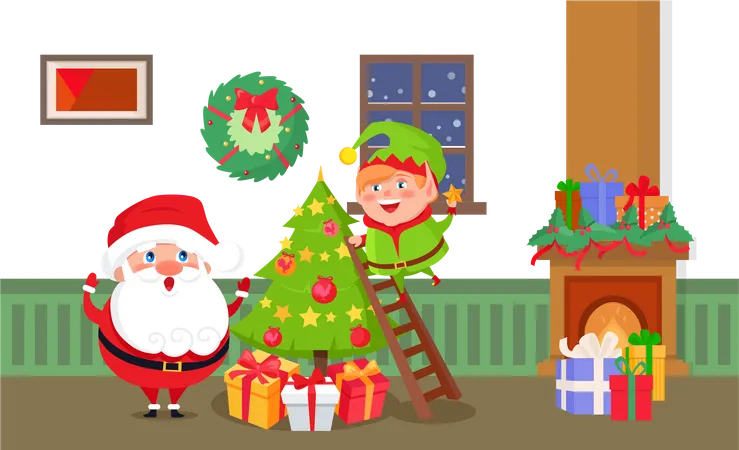 Merry Christmas Santa Claus and Elf at Home Room Illustration