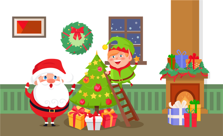 Merry Christmas Santa Claus and Elf at Home Room  Illustration