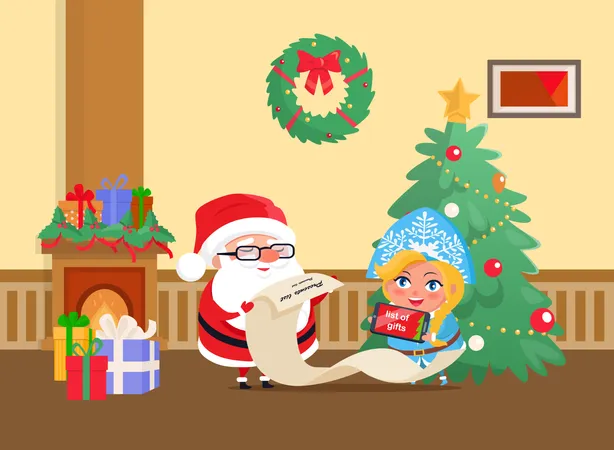 Merry Christmas Santa Claus and Snow Maiden Home  Illustration