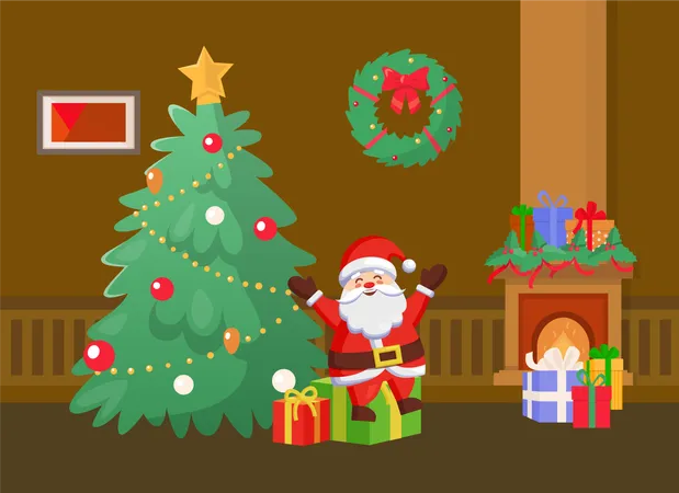 Merry Christmas Santa Claus Holding Presents By Pine Tree Vector Home Interior Decorated With Baubles And Star On Top Fireplace With Flame And Gifts Illustration